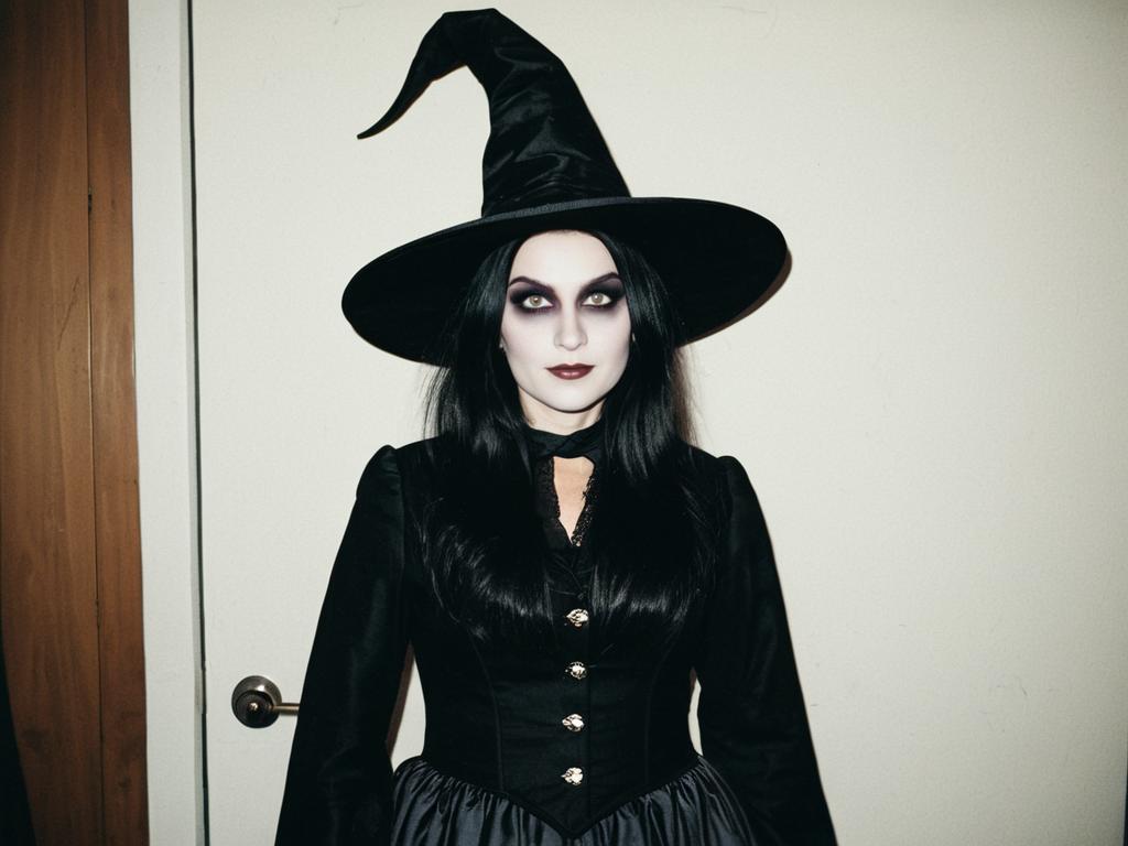 Halloween Fancy Dress Woman in Black Witch Costume with Dramatic Makeup