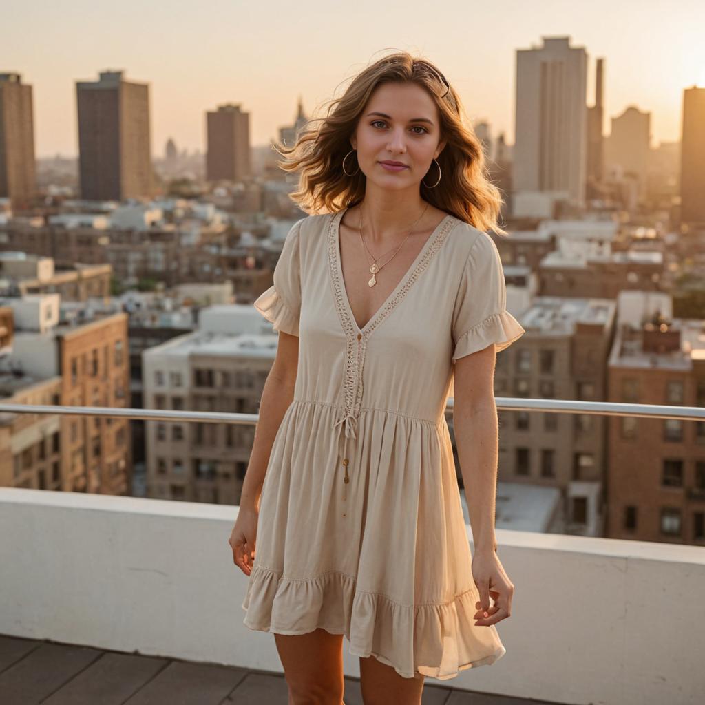 Confident Woman in Beige Dress Against City Skyline