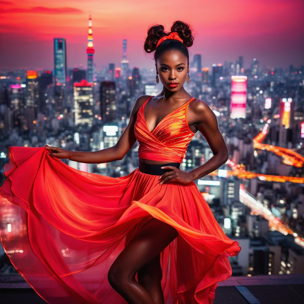 Woman in Red Dress Against City Skyline at Sunset Woman in Red Dress Against City Skyline at Sunset