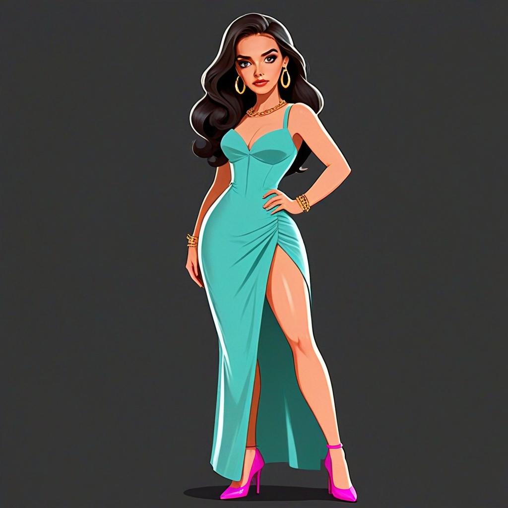 Stylish Woman in Turquoise Evening Gown Illustration