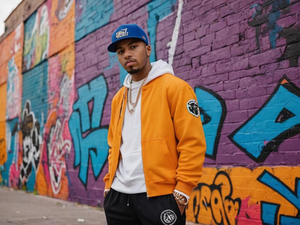 Stylish man in front of graffiti wall