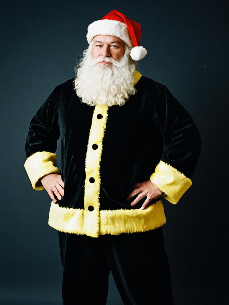 Man in Black and Yellow Santa Suit with Red Hat Standing Confidently