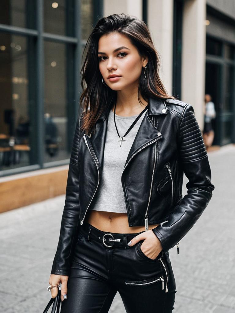 Woman in Casual Chic Black Cropped Moto Jacket with Asymmetrical Zipper