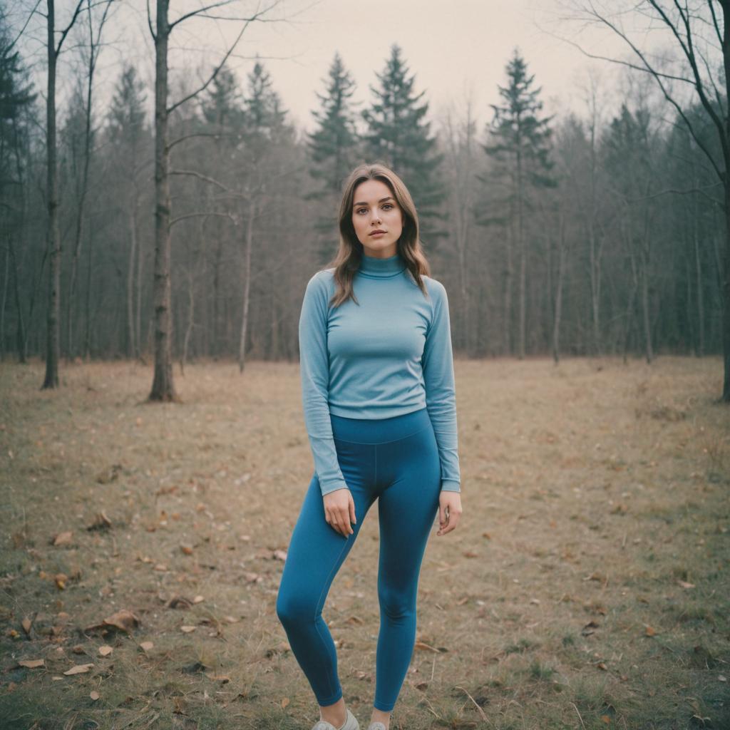 Woman in Blue Leggings in Woodland Setting