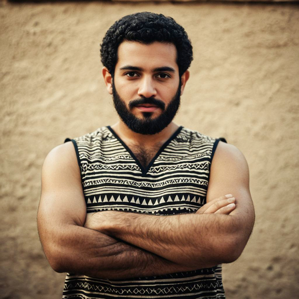 Confident Man with Beard in Egyptian-Inspired Top