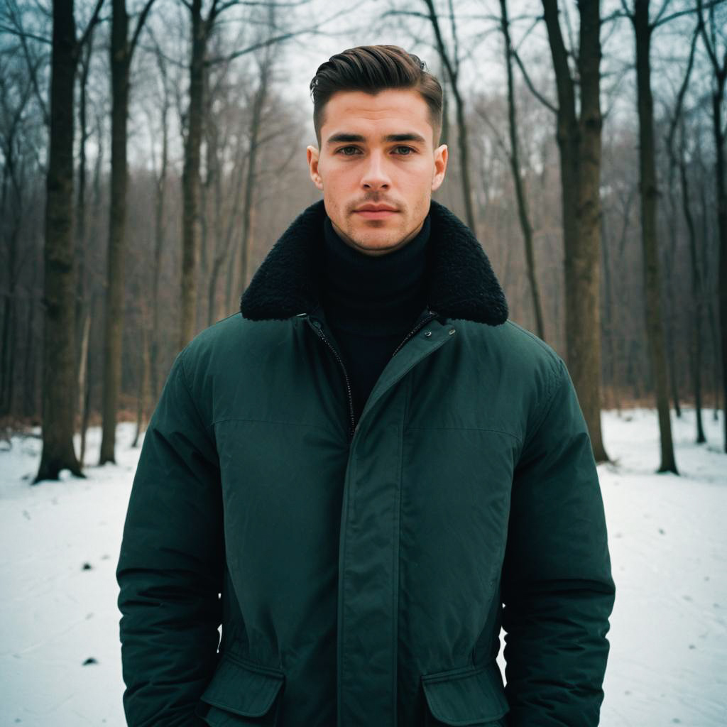 Stylish Young Man in Winter Forest