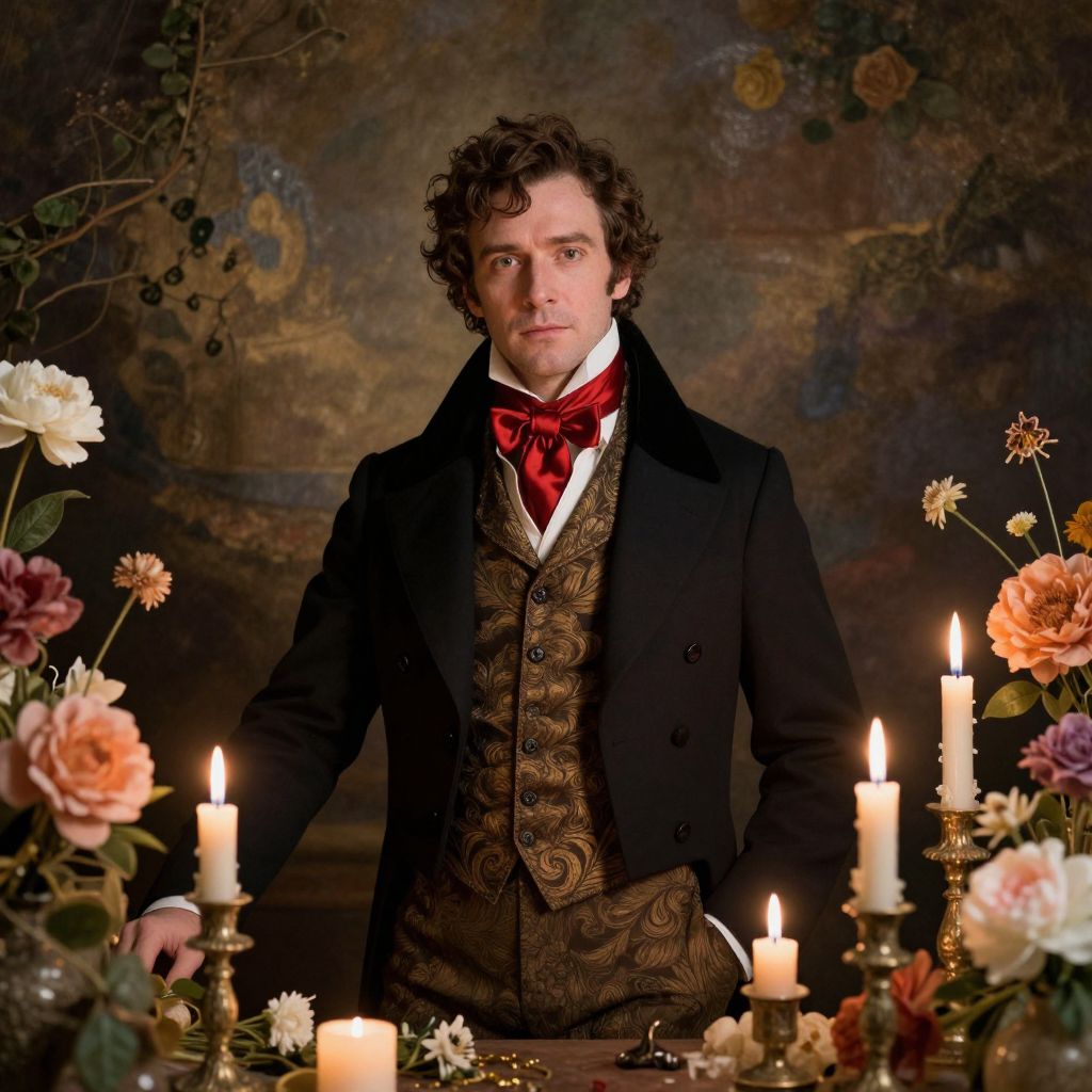 Victorian Era Man in Elegant Attire with Candlelit Floral Setting
