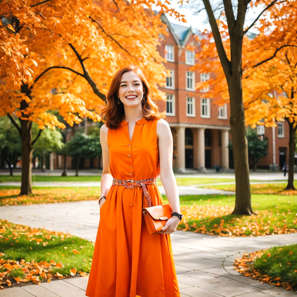 Cheerful Woman in Orange Dress Amid Autumn Foliage