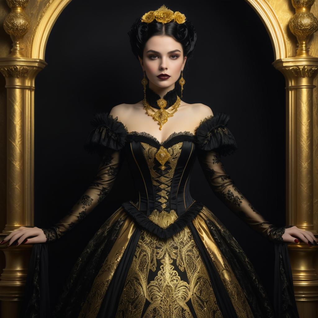 Regal Woman in Black and Gold Gown