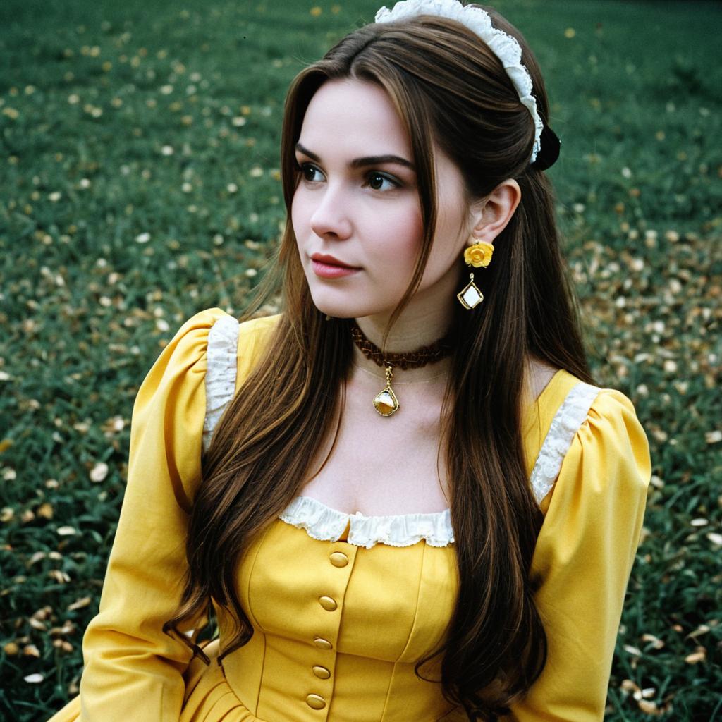 Young Woman in Vintage Yellow Dress with Floral Accessories