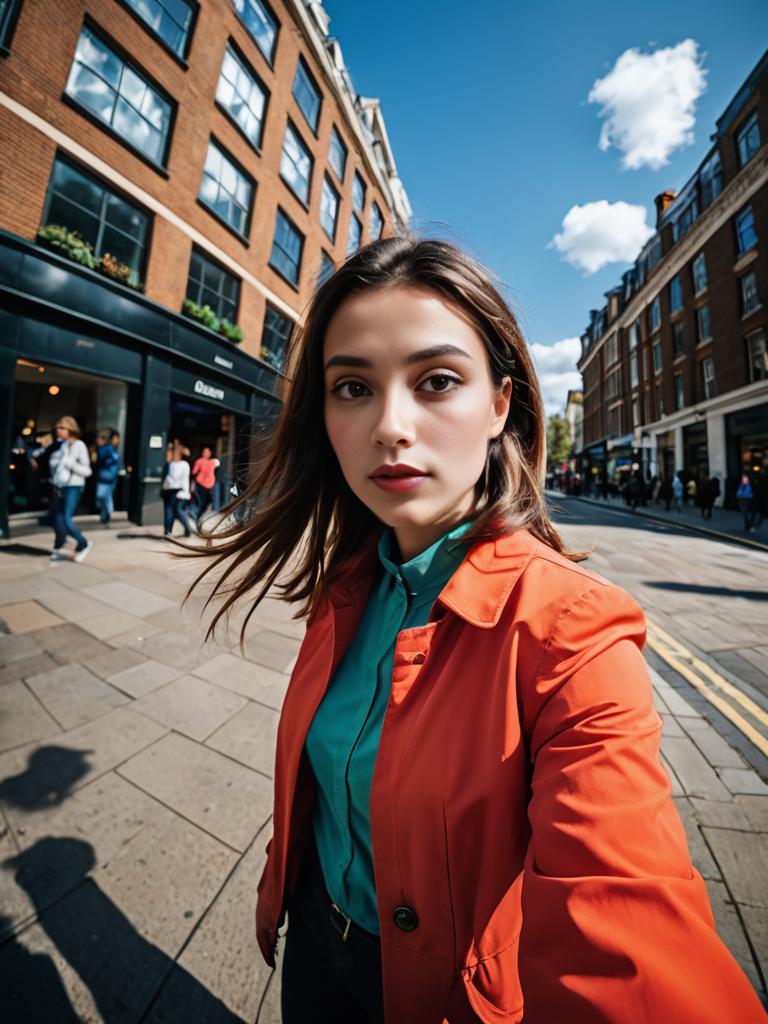 Woman in Orange Jacket Taking Selfie in Urban Setting