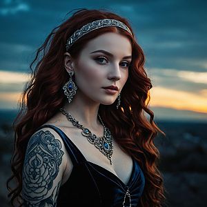 Elegant Woman with Red Hair and Gothic Jewelry at Sunset