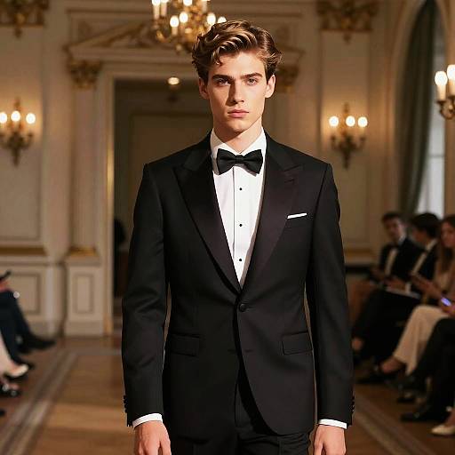 Elegant Young Man in Classic Black Tuxedo on Runway