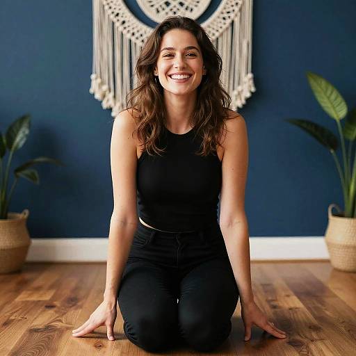 Smiling Woman in Bohemian Style Room Kneeling on Wooden Floor
