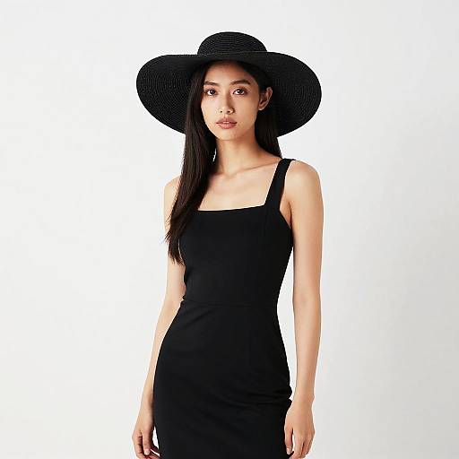 Elegant Woman in Black Dress and Wide-Brimmed Hat Fashion Portrait