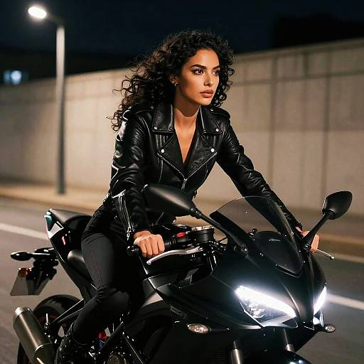 Gen Z Woman Riding Black Sport Motorcycle at Night