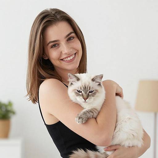 Joyful Young Woman Holding Fluffy Cat in Bright Minimalist Interior