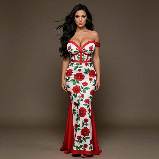 Elegant Red Floral Off-Shoulder Gown on Woman in Studio