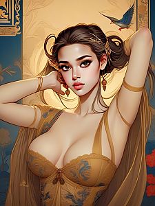 Elegant Woman in Golden-Brown Dress with Floral Patterns