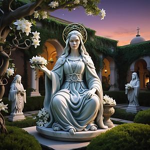 Serene Marble Statue in Tranquil Garden at Sunset