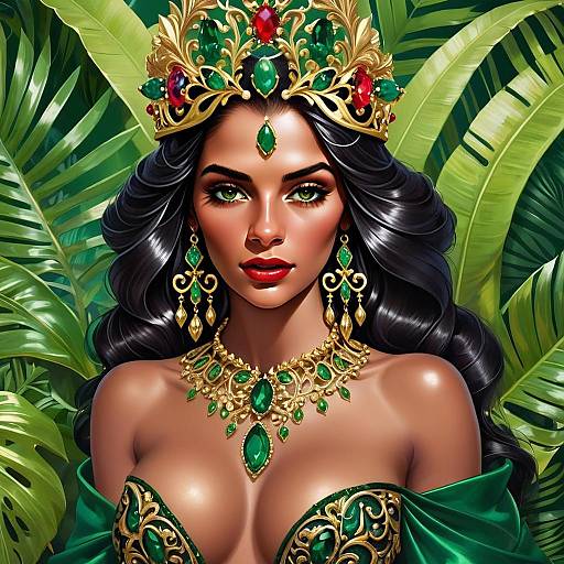 Digital Fantasy Portrait of Woman with Emerald Jewelry and Tropical Leaves Background