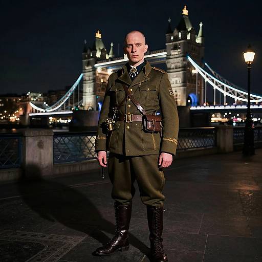 Man in Vintage Military Uniform at Night Near Tower Bridge London