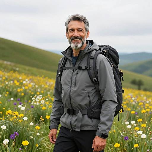 Middle-Aged Man Hiking in Wildflower Meadow with Backpack