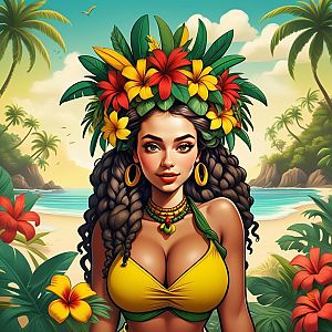 Vibrant Woman on Tropical Beach with Flowers