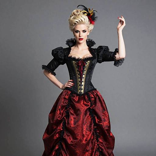 Victorian Style Woman in Black and Red Corset Dress with Feather Hair Accessory