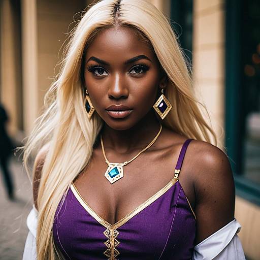 Portrait of Confident Woman in Purple Gold Outfit with Platinum Blonde Hair