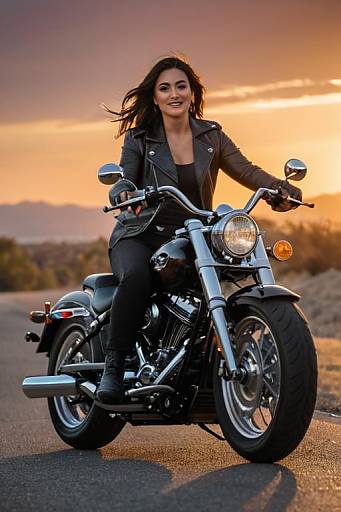 Woman Riding Classic Black Motorcycle on Open Road at Sunset