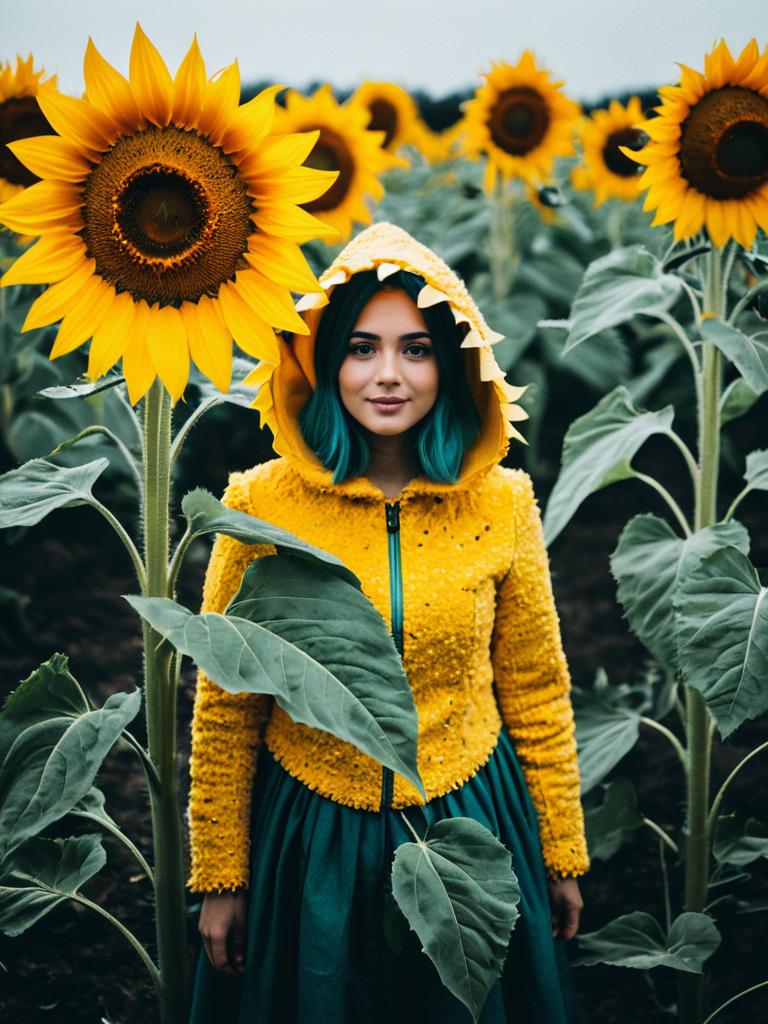 Woman in Sunflower Costume Photorealistic Whimsical Cosplay Portrait