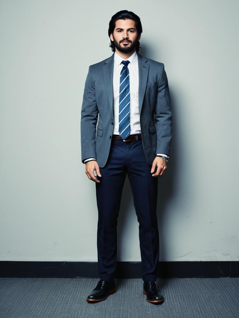 Business Smart Costume Man in Grey Jacket and Navy Pants with Necktie