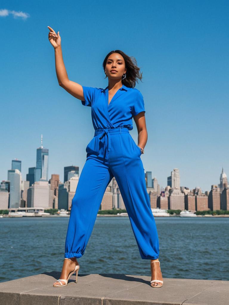 Chic Woman in Blue Jumpsuit Against NYC Skyline