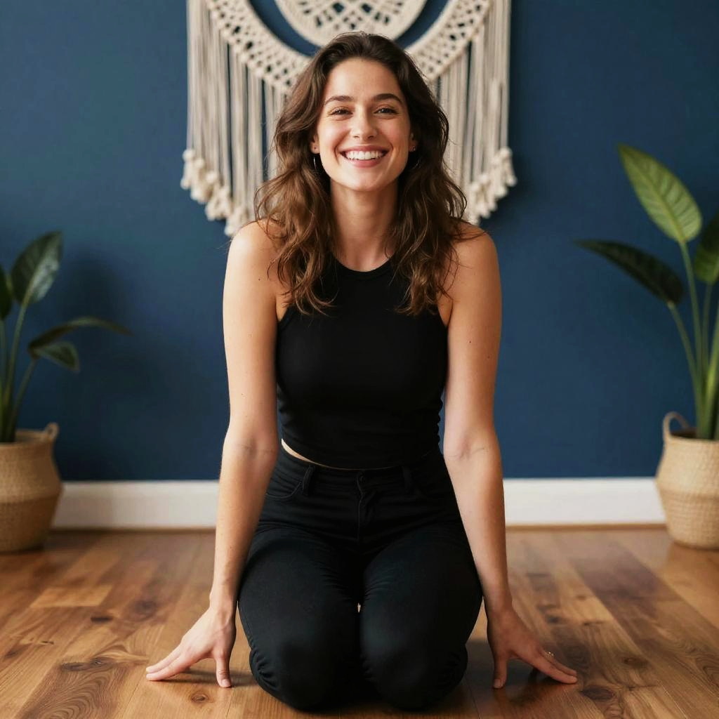 Smiling Woman in Bohemian Style Room Kneeling on Wooden Floor