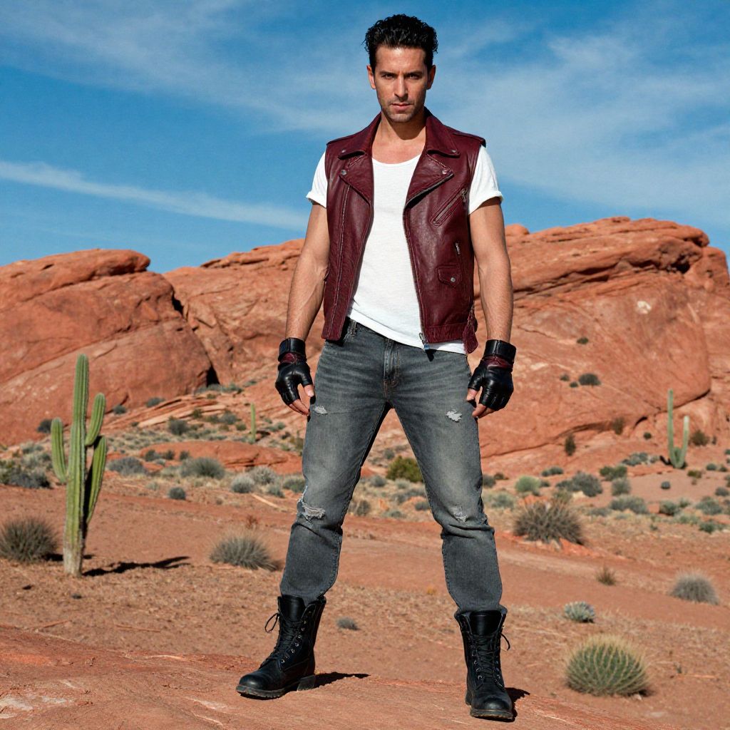 Man in Red Leather Jacket and Distressed Jeans in Desert Landscape