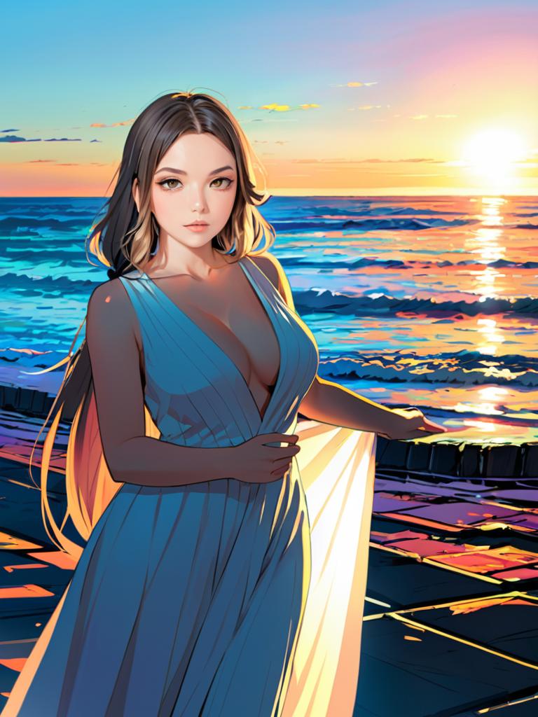 Anime Woman on Beach at Sunset