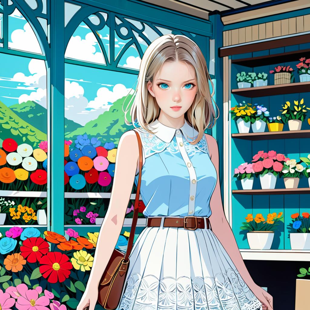 Anime Woman in Vibrant Flower Shop