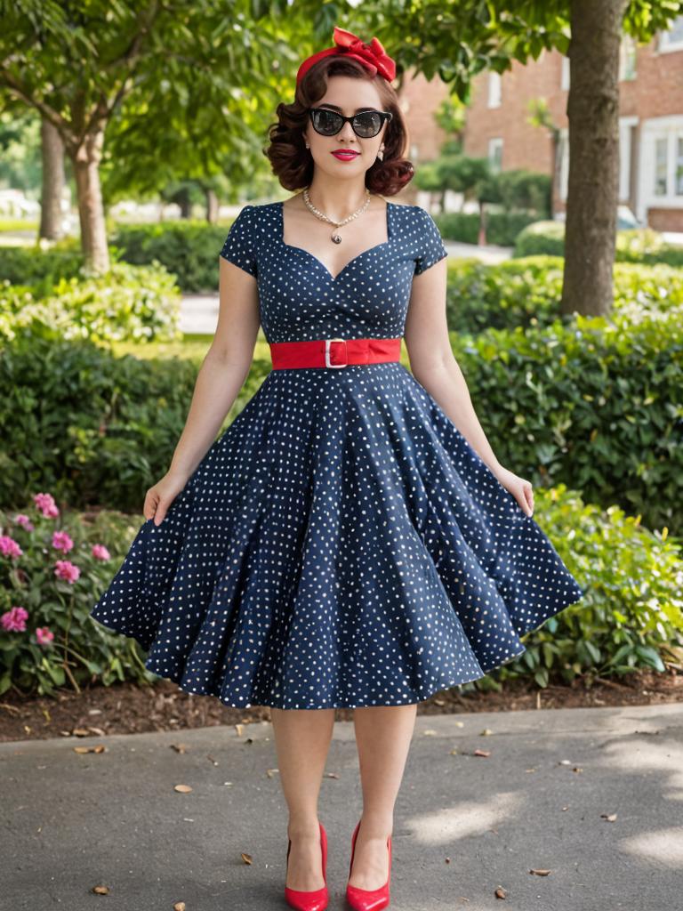 Confident Woman in Vintage Navy Polka Dot Dress with Red Accessories