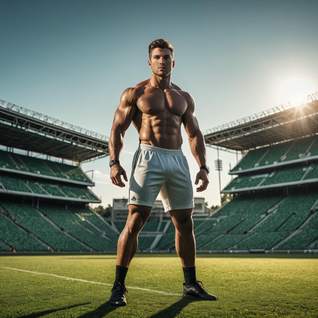 Confident fit man on football field at sunset