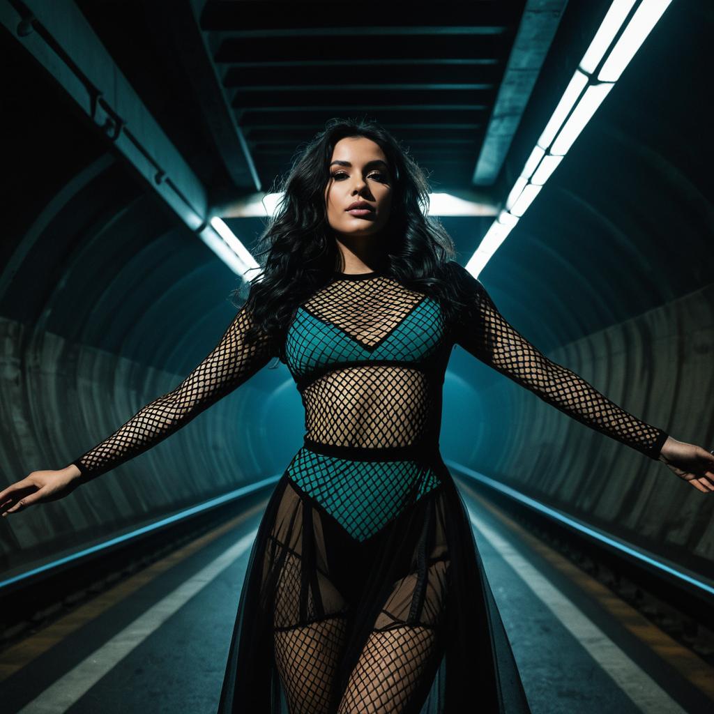 Woman in Teal Swimsuit and Fishnet Bodysuit in Futuristic Underground Tunnel