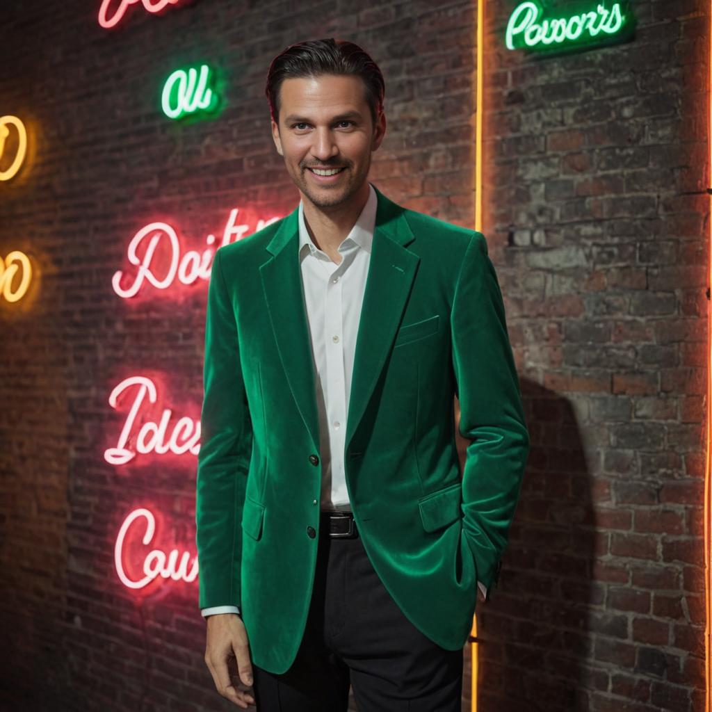 Stylish man in green blazer against neon brick wall