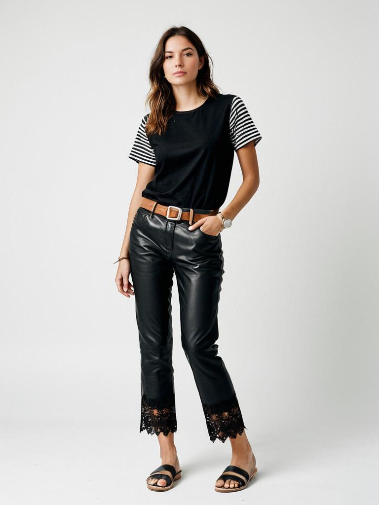 Woman Wearing Black Leather Pants with Lace Trim and Striped Sleeve Top