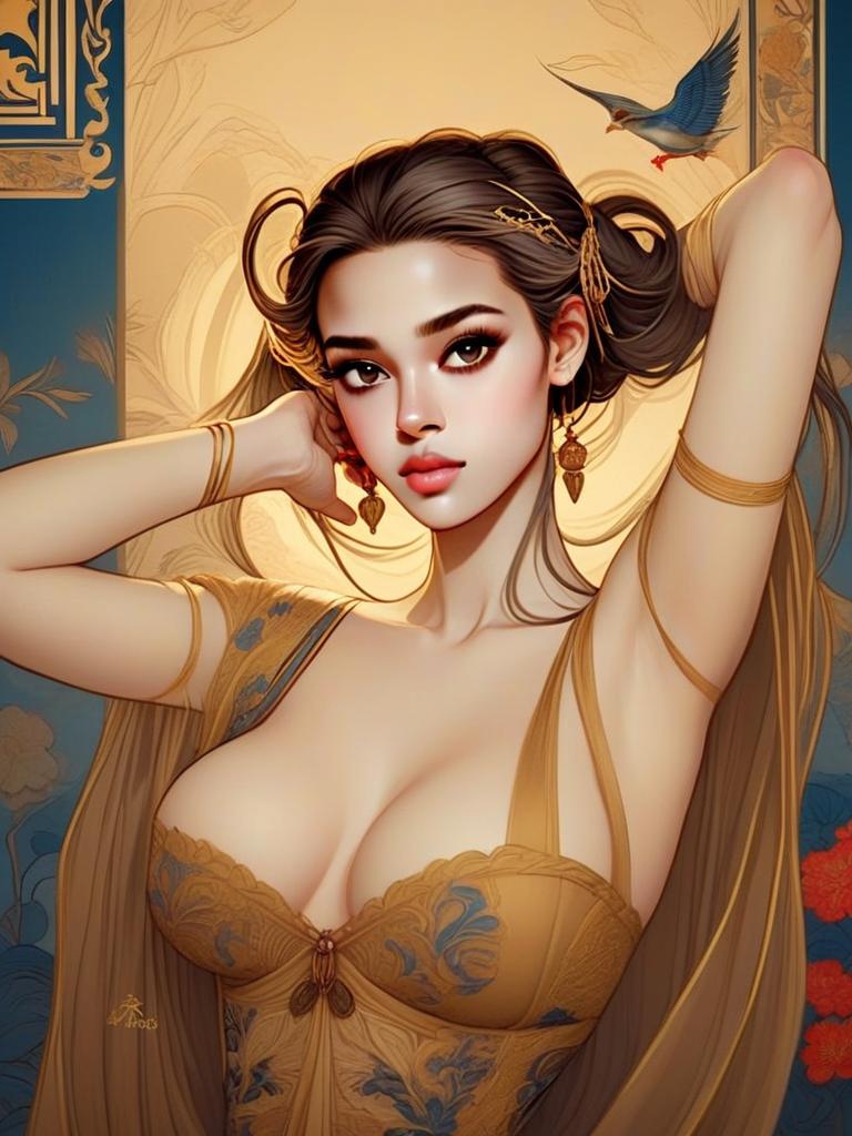 Elegant Woman in Golden-Brown Dress with Floral Patterns