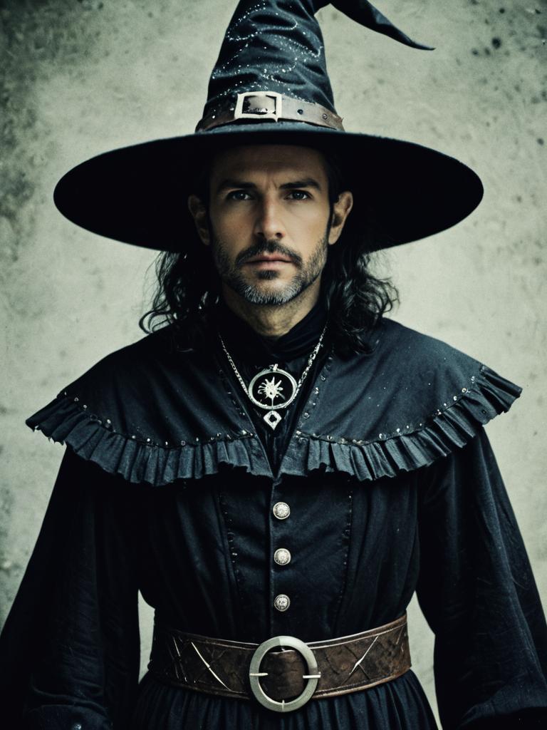 Man in Modern Witch Costume Waist Up Editorial Fantasy Portrait