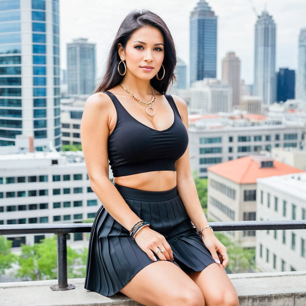 Confident Young Woman on Rooftop with Urban Cityscape Confident Young Woman on Rooftop with Urban Cityscape