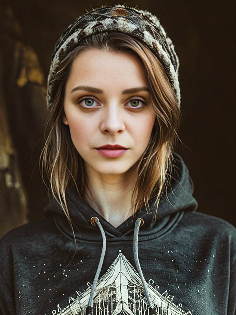 Young woman in cozy hoodie with mystical design