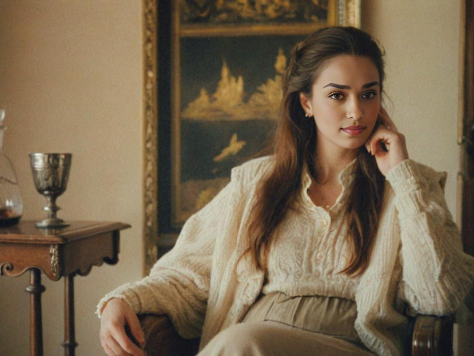 Contemplative Woman in Classic Room with Vintage Decor