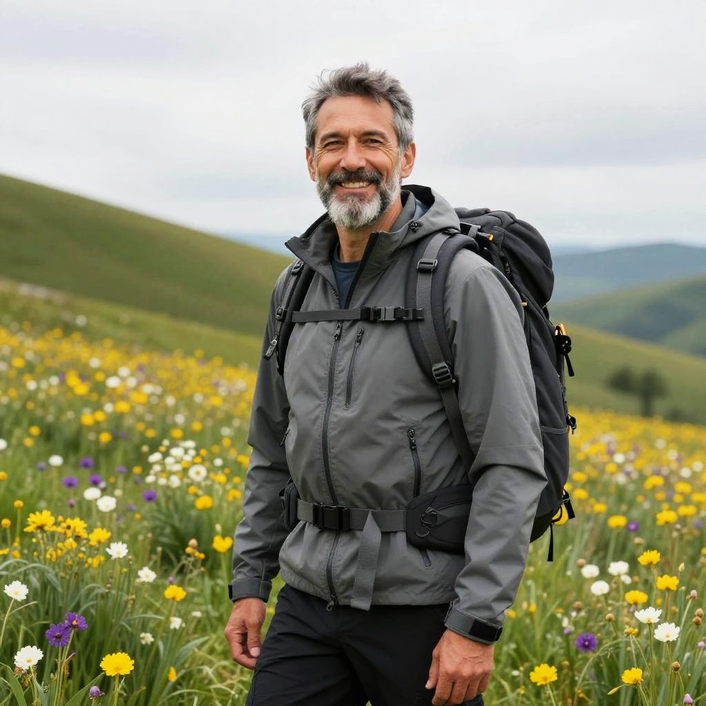 Middle-Aged Man Hiking in Wildflower Meadow with Backpack