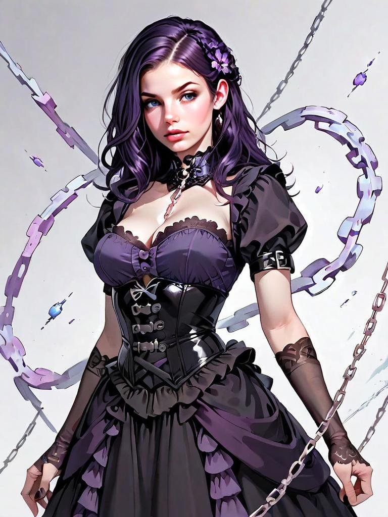 Realistic Gothic Woman in Black Silk Corset Gown with Violet Hair